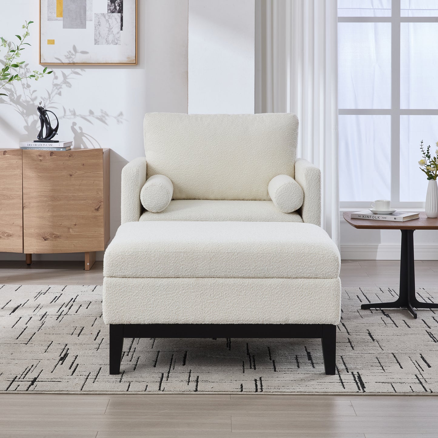 35.4  Wide Farmhouse Performance Upholstered Wood Base Square Accent Arm Chair With Ottoman Black Finish Legs With Reversible Lid Coffee Table For Living Room Office And Lounge, Ivory Boucle.