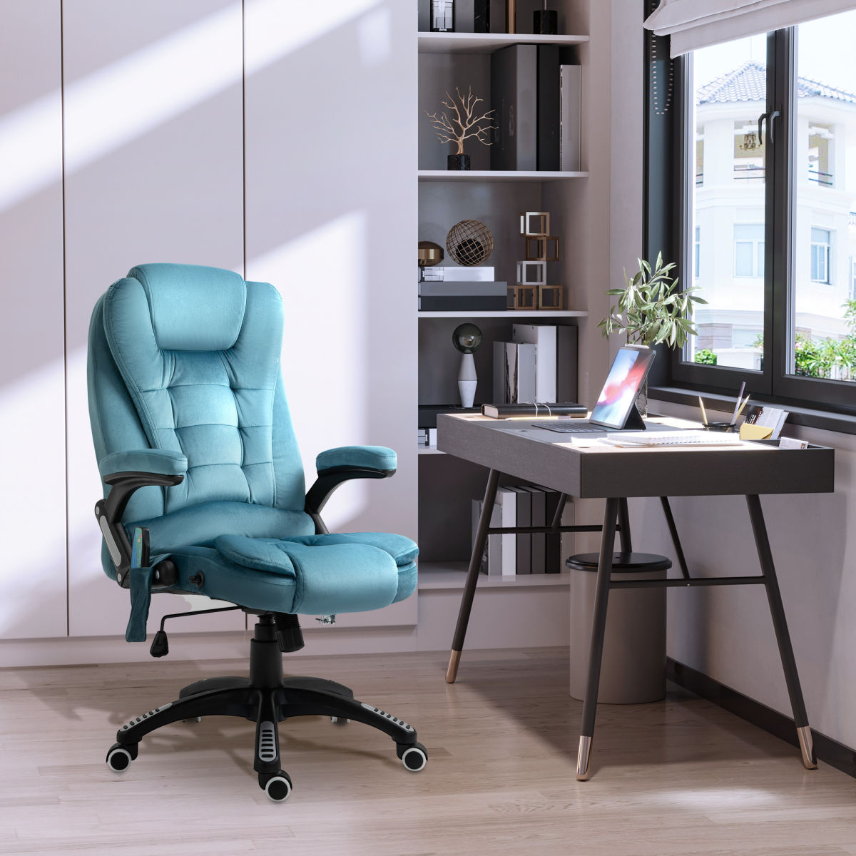 Vinsetto Massage Recliner Chair Heated Office Chair With Six Massage Points Velvet-Feel Fabric 360° Swivel Wheels Blue
