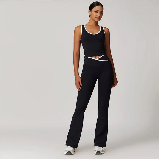 Womens Contrasting-Color Cross-Crotch Flare Pants Nude-Feel Yoga Two-Piece Set