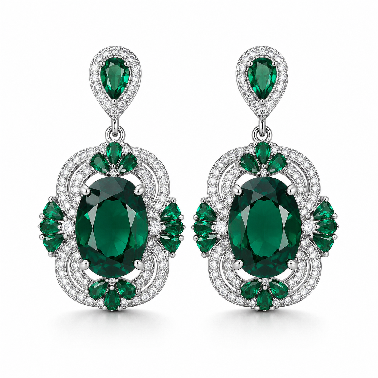 Vintage Oval Emerald CZ Floral Halo Drop Dangle Earrings For Women, Copper Silver Plated Multi Pear Green Crystal White Pave Stone Luxury Wedding Banquet Fine Jewelry Gift