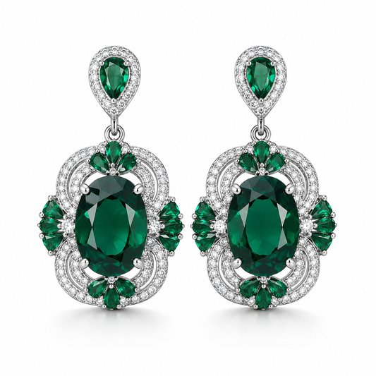 Vintage Oval Emerald CZ Floral Halo Drop Dangle Earrings For Women, Copper Silver Plated Multi Pear Green Crystal White Pave Stone Luxury Wedding Banquet Fine Jewelry Gift