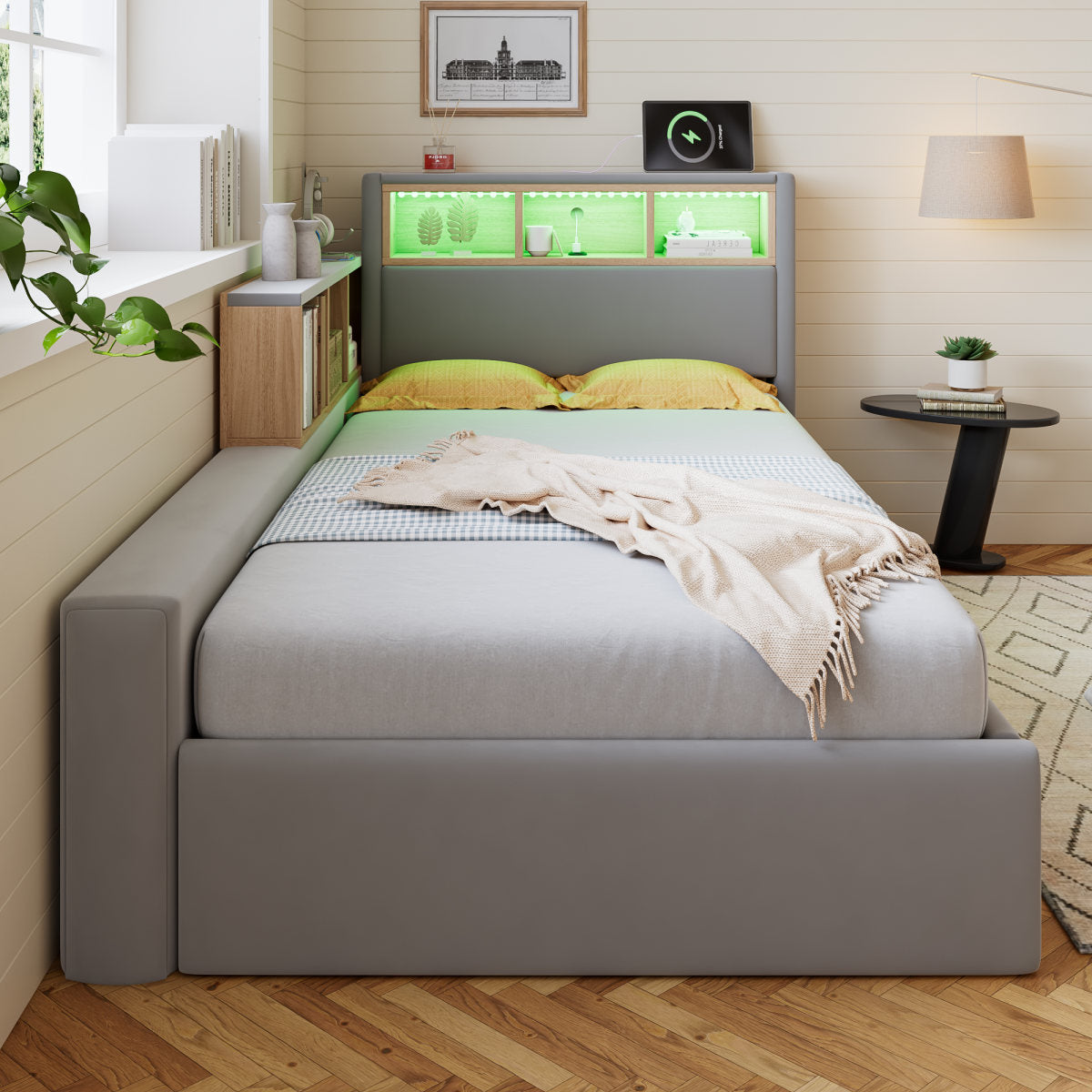 Upholstered Bed, 3FT Single Bed 90x190cm, Daybed Sofa Bed, Modern Velvet Youth Bed, For Adults & Teenagers, With Charging Port, LED Strip, With Storage Space, Easy Assembly, Velvet, Grey   No Mattress