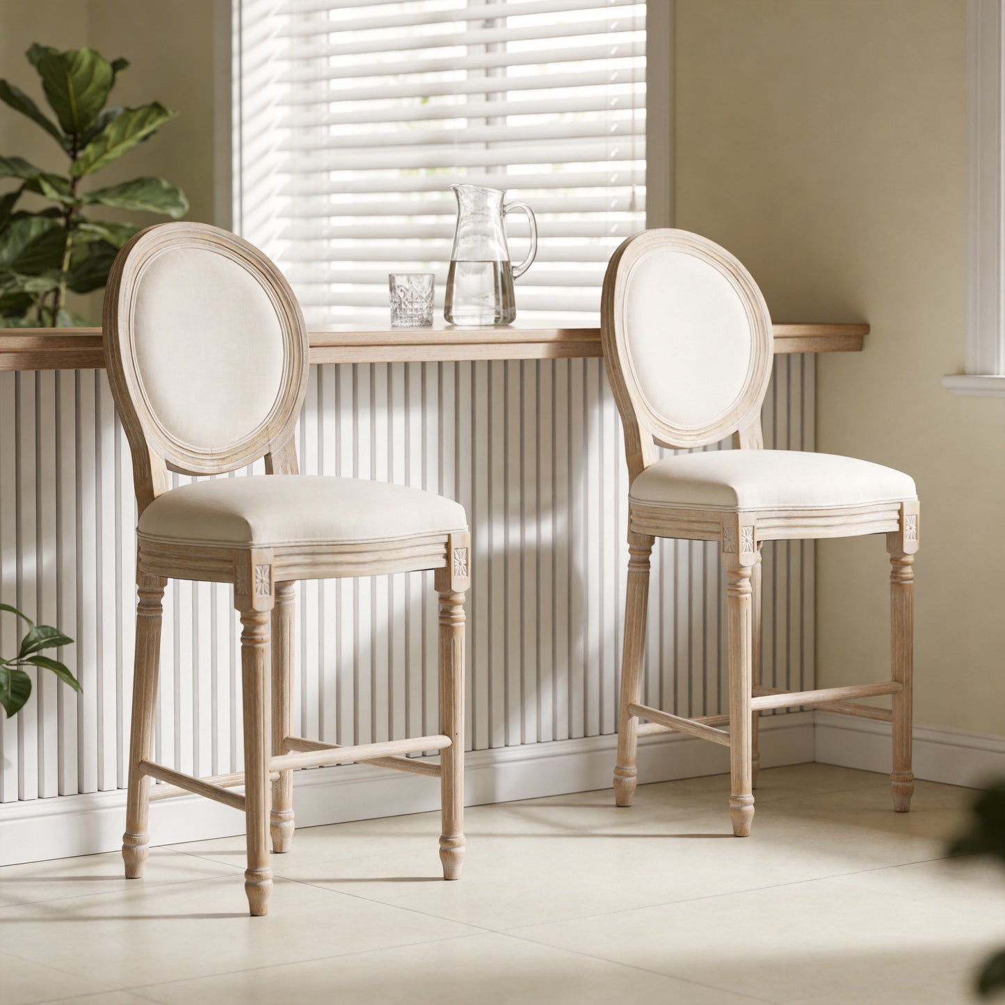 French Country 26  Height Bar Chairs Set Of 2, Upholstered  Chairs With  Round Back, Wire Drawing And Carving Techniques ,Disassemblable ,  For Living Room, Kitchen , Restaurant Use, Beige