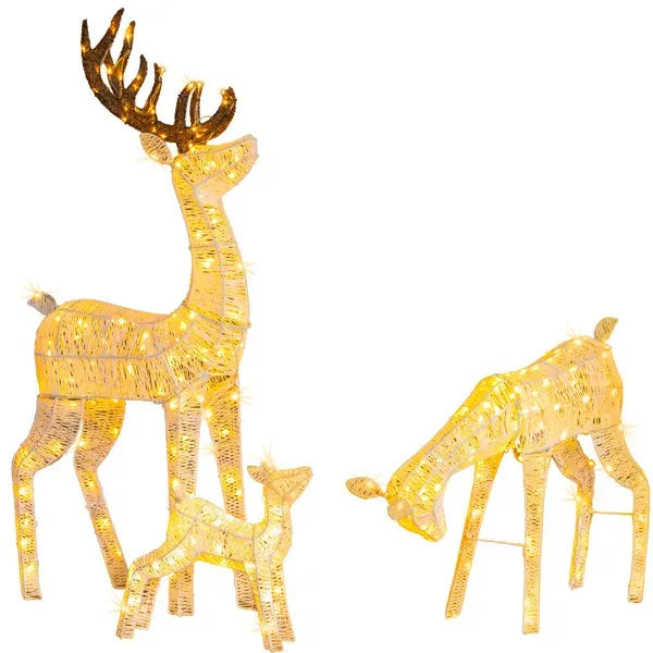 3-Piece Lighted Christmas Reindeer Family Set Outdoor Decorations, Weather Proof Deer Family Set Of 3 Christmas Ornament Home Decor Pre-lit 280 LED Warm White Lights, White