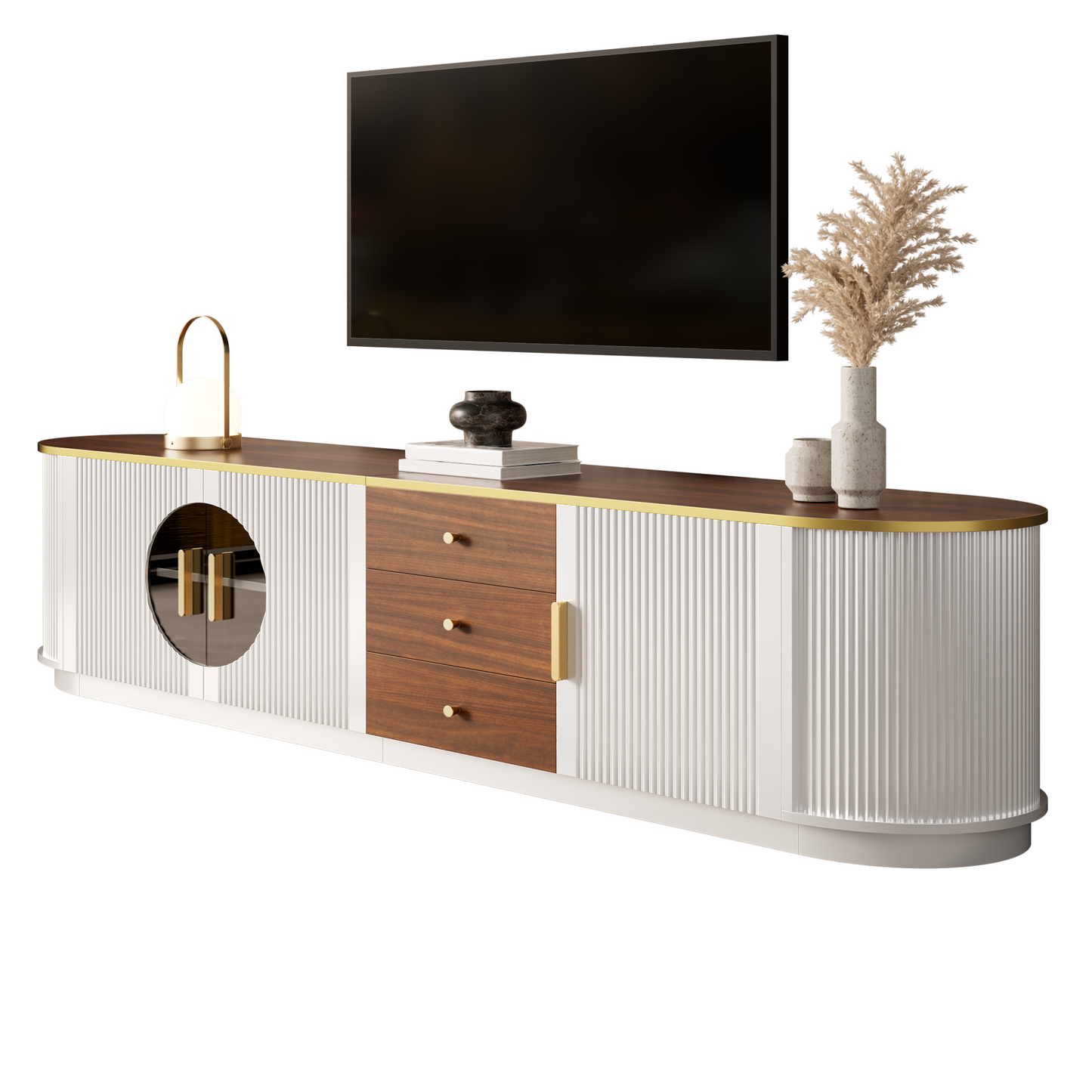 Luxury Style TV Cabinet, Lowboard, Amber Glass, MDF Body, Aluminum Handles, Rounded Edges, Vertical Groove Look