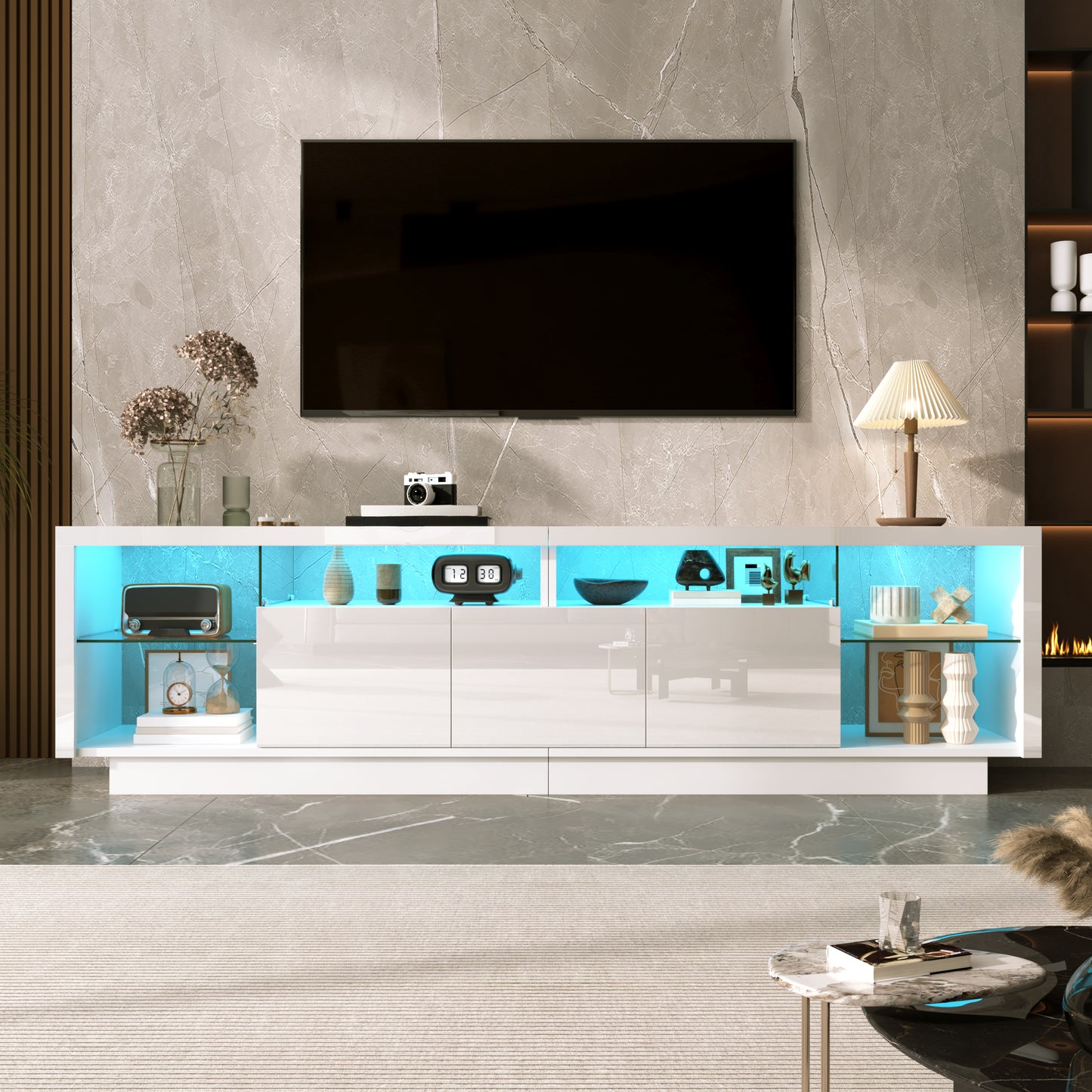 Modern TV Cabinet With Three High-gloss Doors, Transparent Glass Compartments Made Of PB, Multi-coloured LED Ambient Lighting That Can Be Controlled Via App