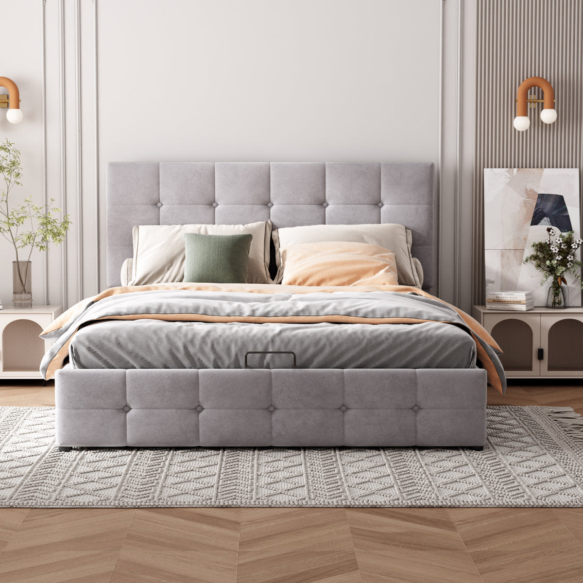 Upholstered Bed 140x200, Double Bed With Hydraulically Liftable Bed Storage Space, Height-adjustable Upholstered Headboard, Metal Slatted Frame, Skin-friendly Velvet Fabric Double Bed Youth Bed