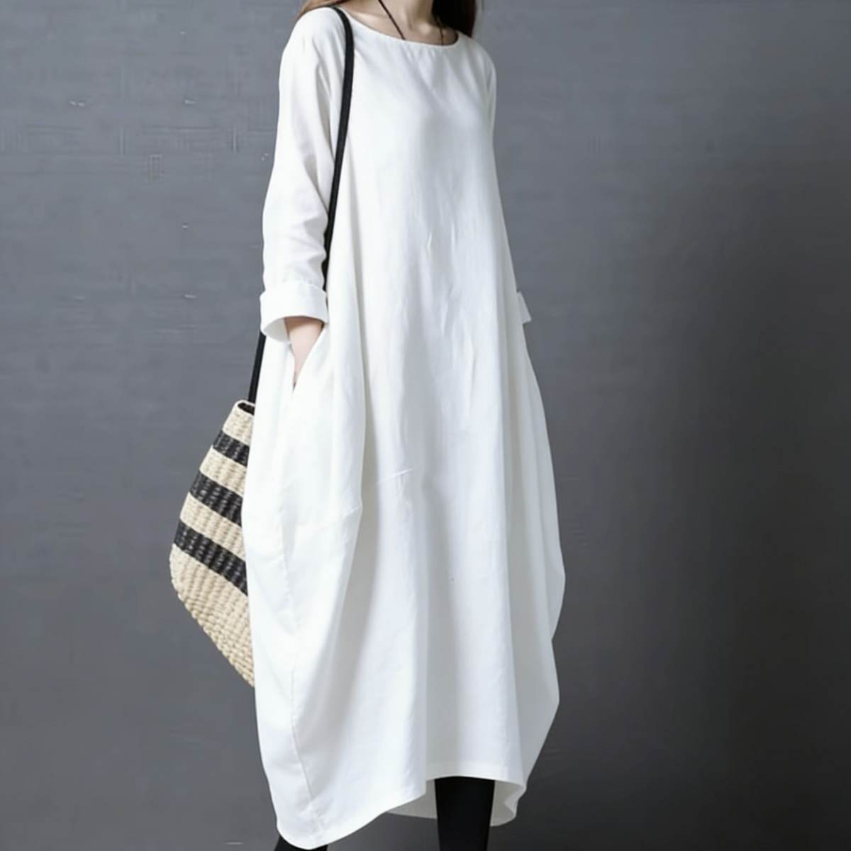 Womens Korean-style Loose-fit Plus-size Cotton-linen Long Dress With Long Sleeves And A Round Neckline