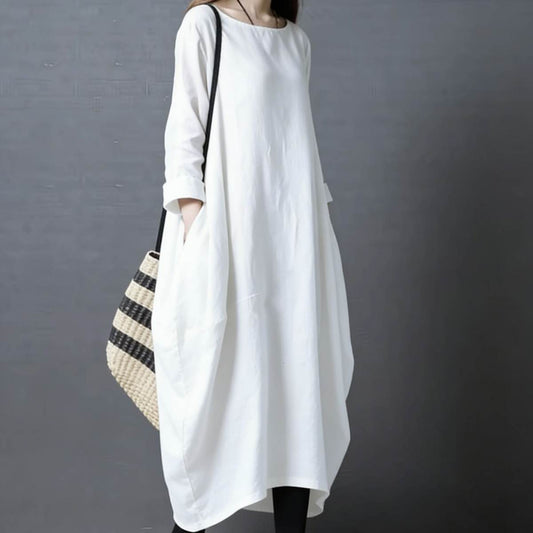 Womens Korean-style Loose-fit Plus-size Cotton-linen Long Dress With Long Sleeves And A Round Neckline
