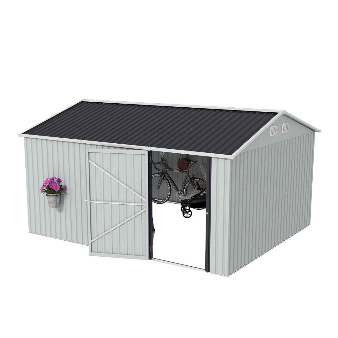 10x12 FT Outdoor Metal Storage Shed, Large Storage Sheds With Sturdy Frame Structure, Metal Garden Tool Shed With Lockable Door For Garden,Gift A Foldable Flower Pot Stand, Backyard, WHIT