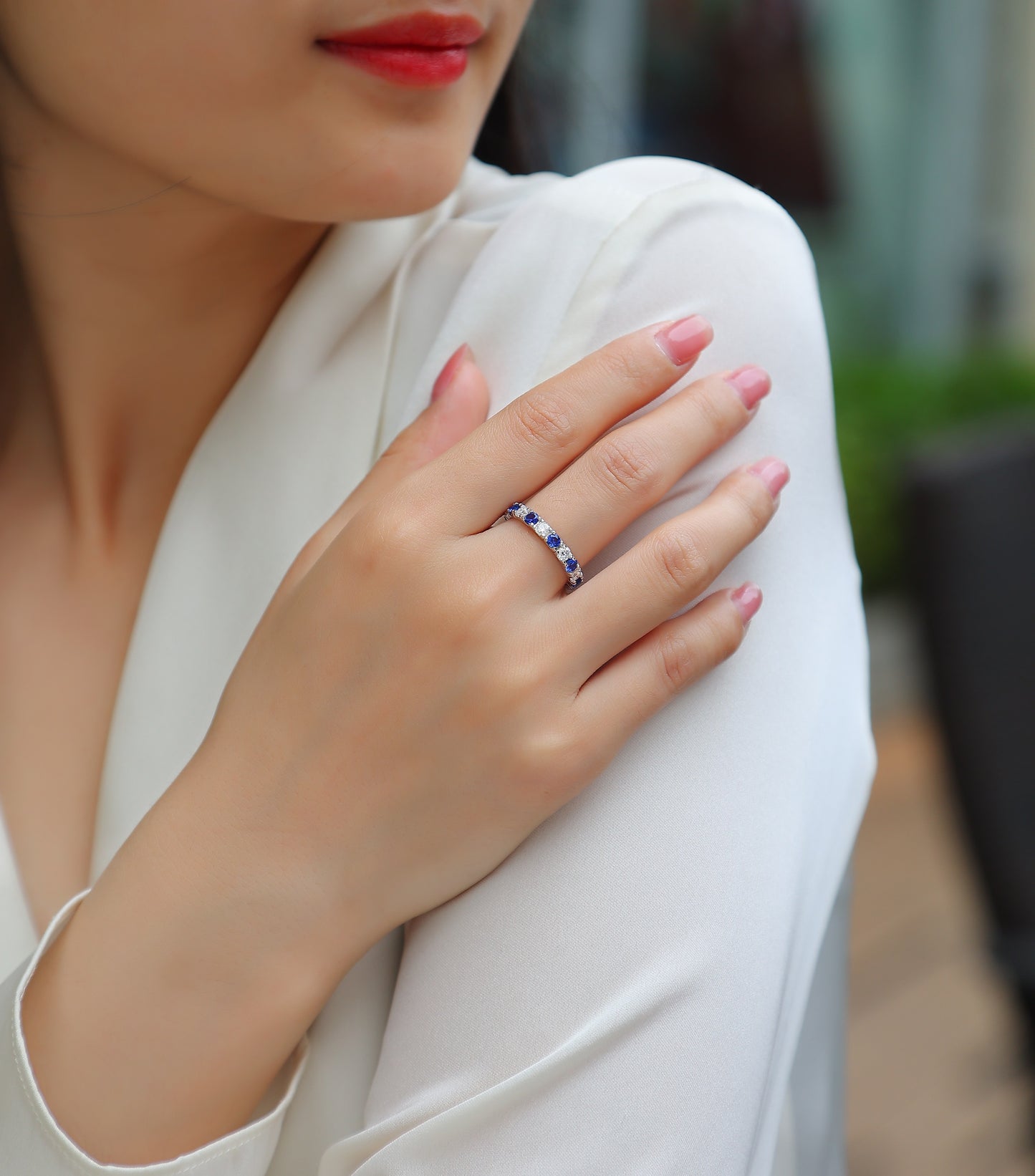2.4g S925 Sterling Silver Platinum Plated Ring  Synthetic Blue Sapphire & White Stone Alternating Eternity Band, Dainty Promise Ring For Women, Jewelry Gift Box Set