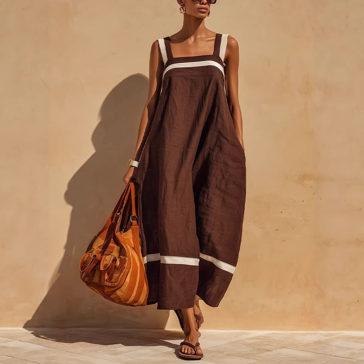 Women's Summer Strap Color-Block Casual Fashion Loose Pocket Dress