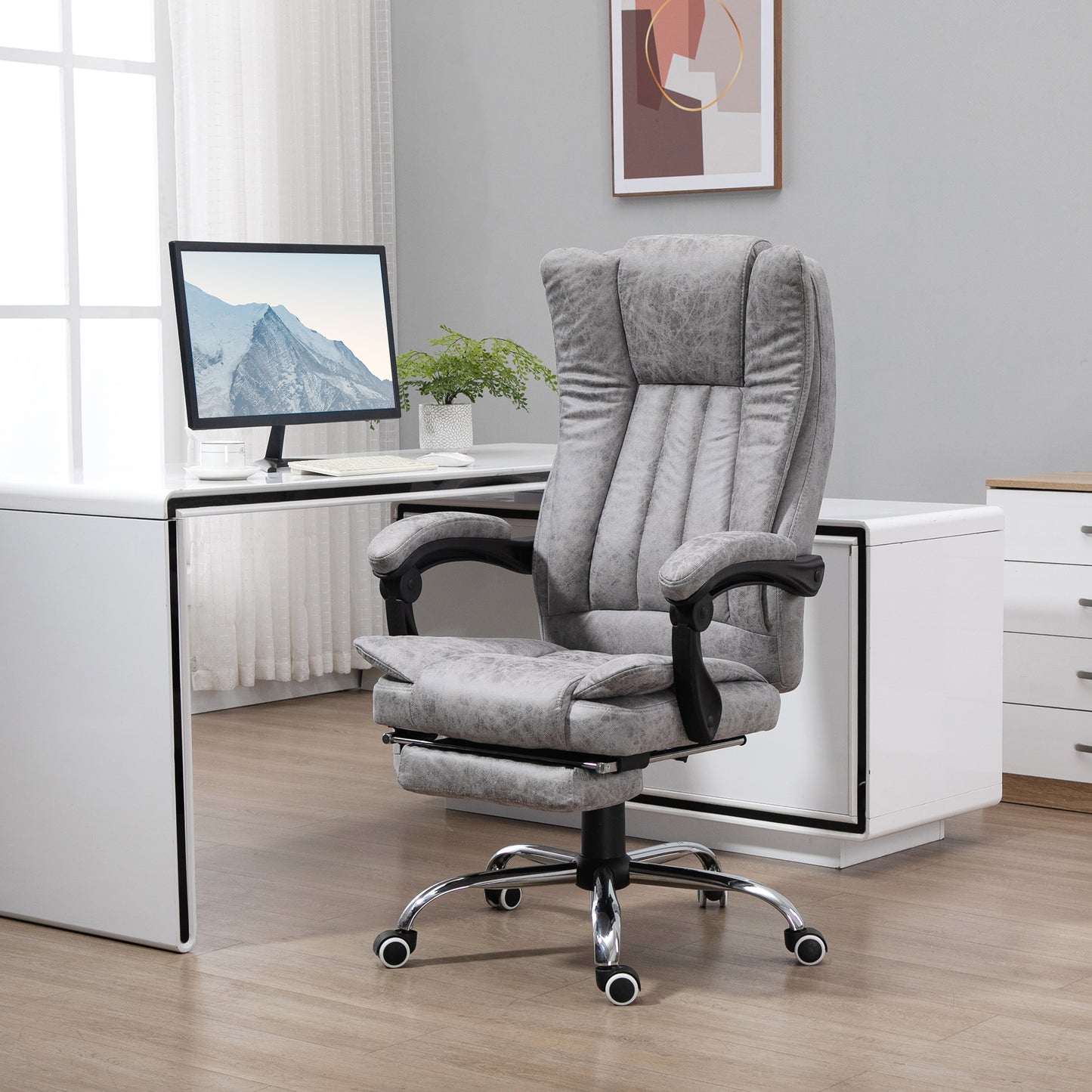 Vinsetto Office Chair With Massage And Heat, Microfibre Reclining Computer Desk Chair With Footrest And Adjustable Height, Swivel Wheels For Home Office, Grey