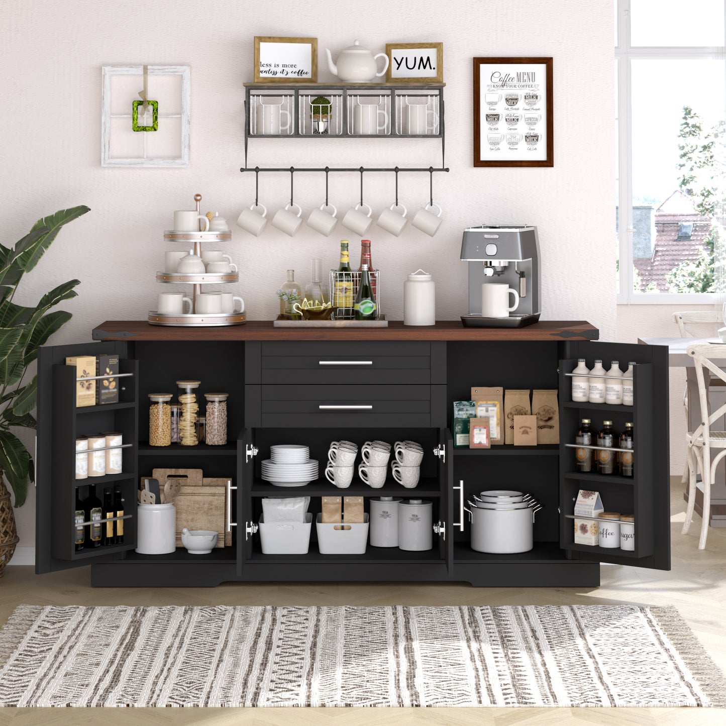 63  Farmhouse Barn Door Storage Cabinet With 2 Drawers & Door Rack, Large Buffet Table Coffee Bar Cabinets With Adjustable Shelves For Kitchen, Living Room, Entryway, Dining Room, Black