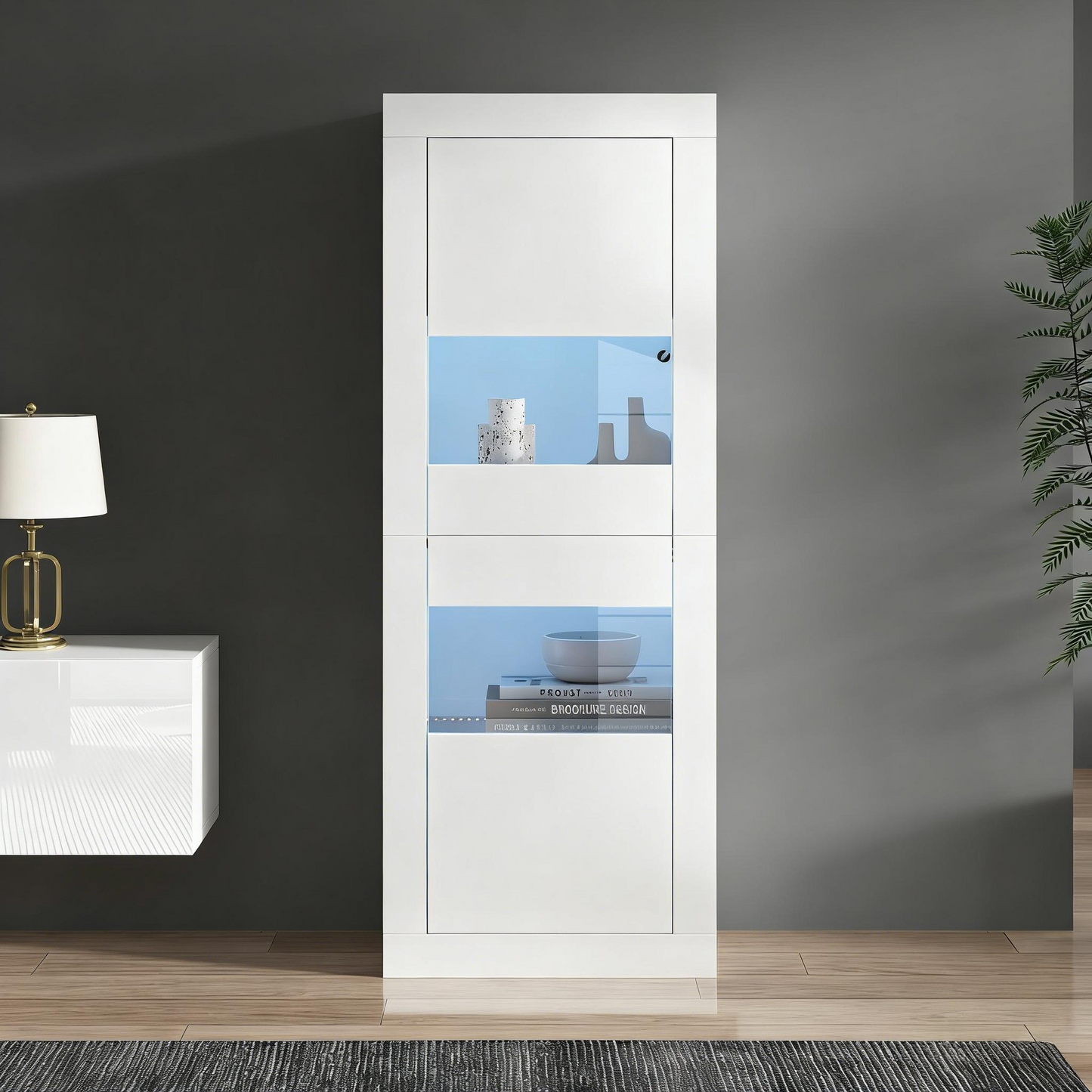White Display Cabinet With LED Lighting, 1 Glass Shelf, Display Cabinet, Freestanding Display Cabinet, Tall Cabinet, Storage Cabinet.