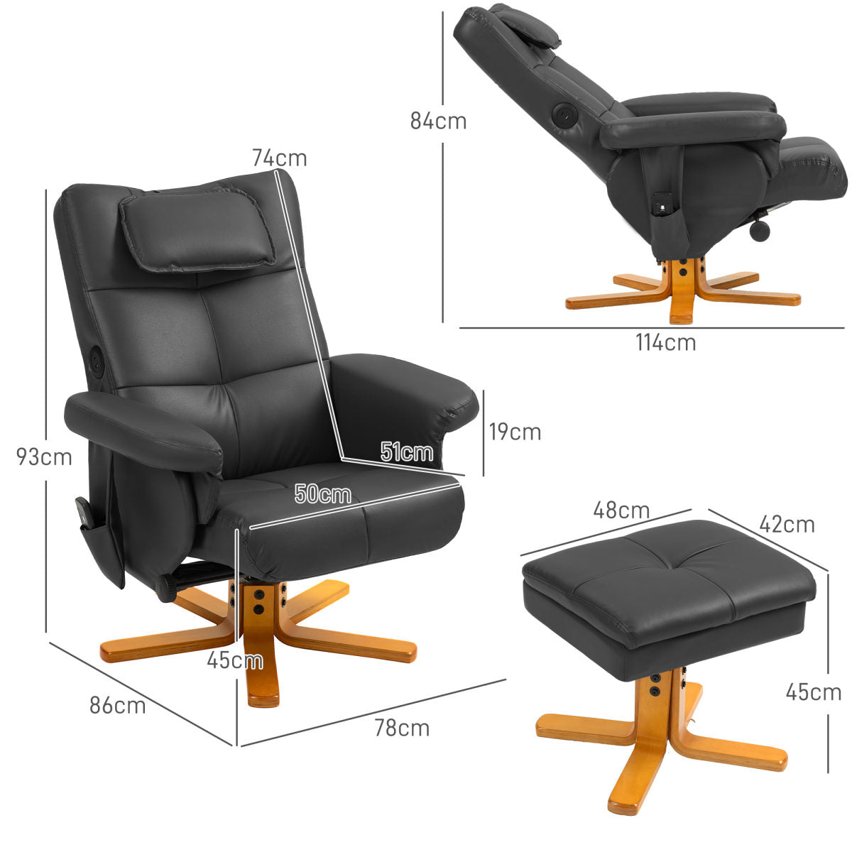 Faux Leather Massage Recliner Chair, With Storage Ottoman - Black