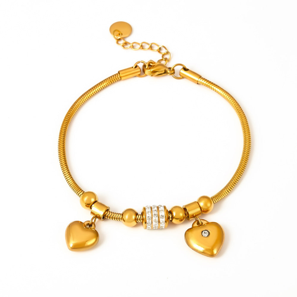 Double Heart Charm Soft Snake Chain Bracelet With Czech Rhinestones And Multiple Accessories