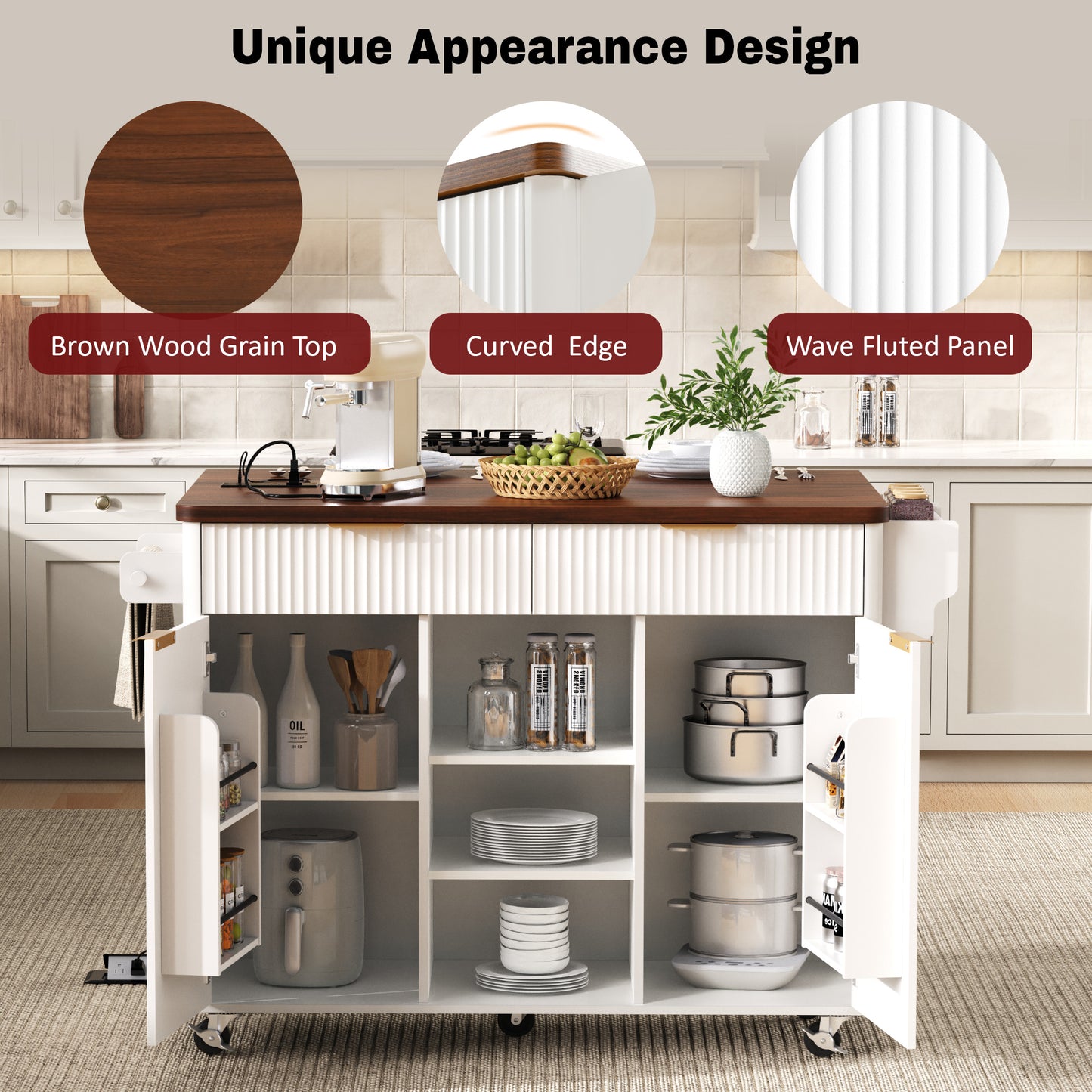 K&K 52  Fluted Kitchen Island With Drop Leaf, Power Outlet,  Kitchen Storage Cart With Adjustable Shelves, 2 Doors And 2 Drawers, Rolling Island Table With Walnut Color Top For Kitchen, White