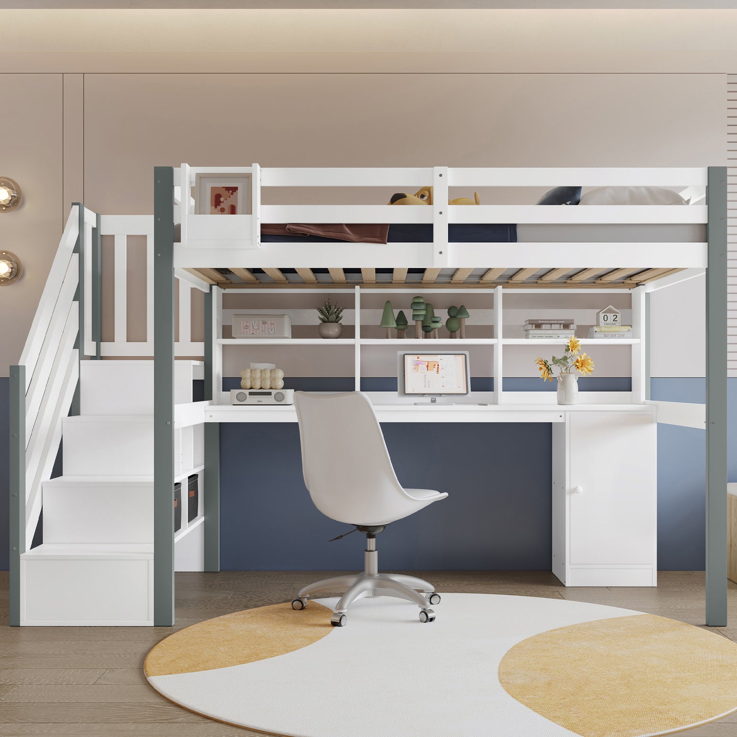 Half-high Bed, With Fabric Storage Box, Ample Storage Space, With Side Ladder, Open Shelf, Youth Bed With Desk And Lockers, Pine MDF, White Grey, 90x200cm