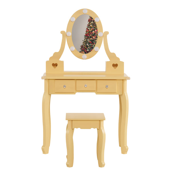 Kids Vanity Set With Mirror And Lights And Stool, 5 Storage Drawers, Pretend Play Princess Makeup Desk Dressing Table And Stool Set For Little Girls Age 3-, Macaroon Orange