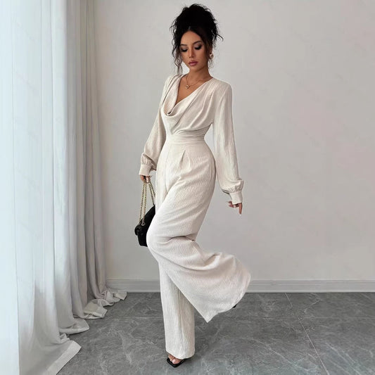 Womens Solid-Color Elegant Off-the-Shoulder Long-Sleeve Jumpsuit For The Office