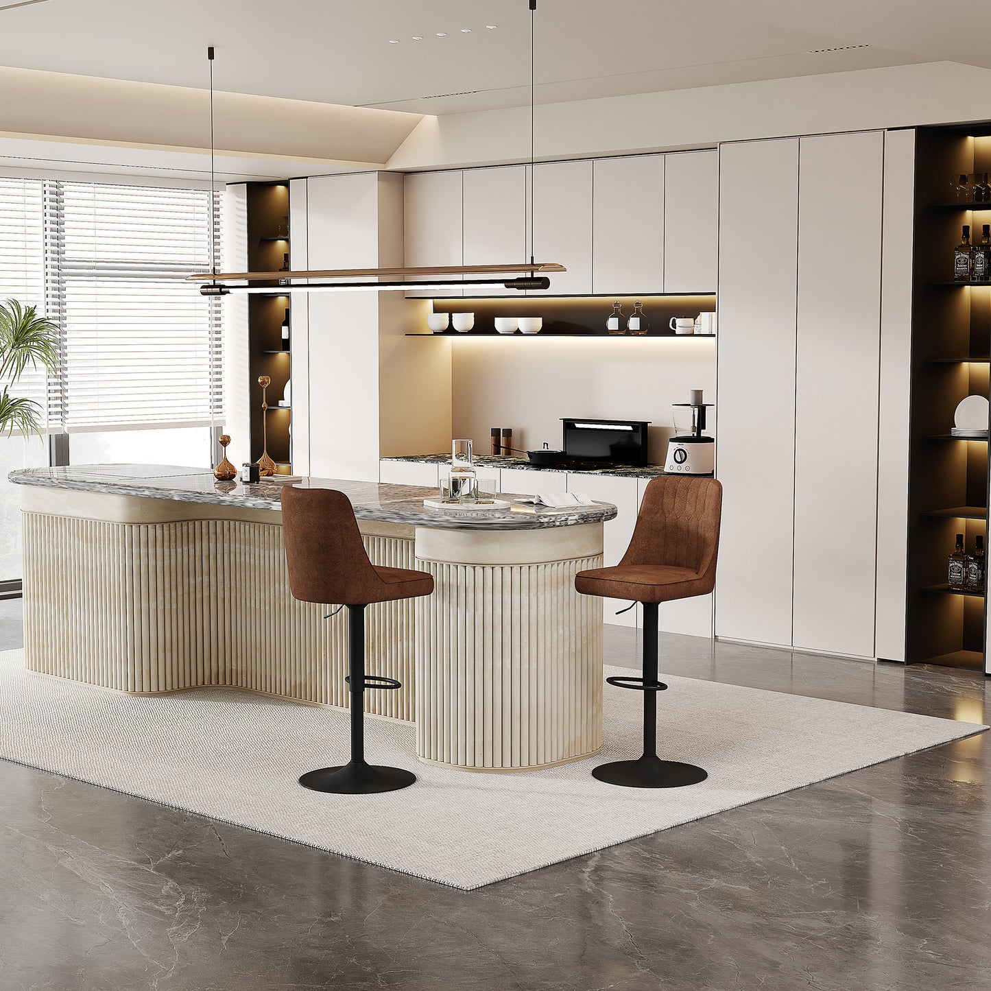 Adjustable Bar Stool In 2-piece Set, 360 Rotating, Seat And Backrest Made Of Brown, Breathable Technical Fabric, Legs Made Of Black Metal. Suitable For Kitchen Islands And Bar Counters.