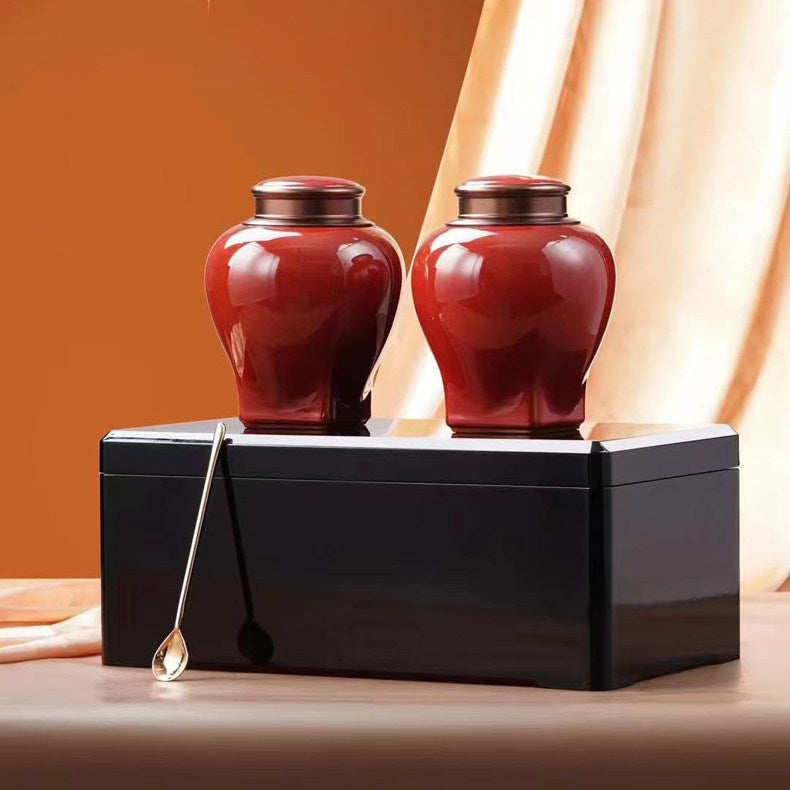 Jianxi Premium Double Ceramic Canister Lacquered Wooden Box For Loose-Leaf Green And Black Tea Empty Gift Box