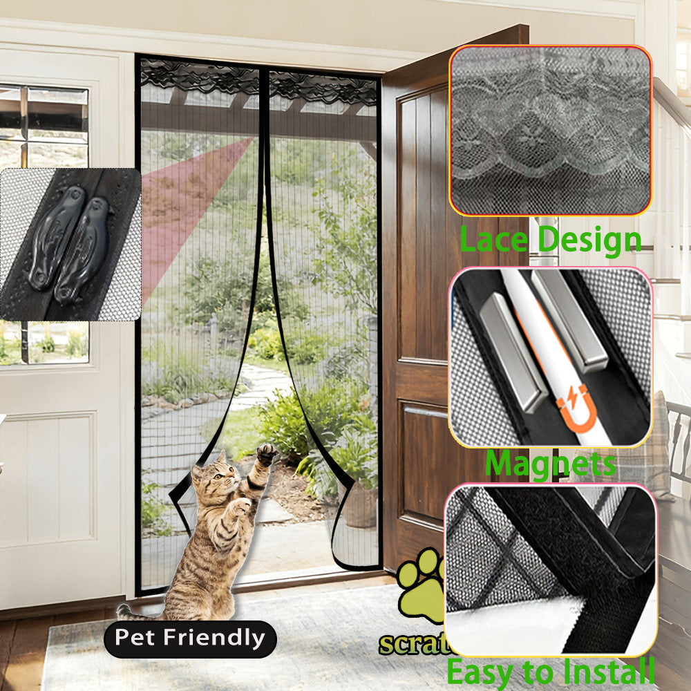 1 Easy-to-install Magnetic Screen Door - Pet-friendly, No-drill Mesh Curtain With Auto-close Feature, Durable And Weather-resistant, Includes Thumbtacks And Double-sided Tape, Perfect For Wooden And A