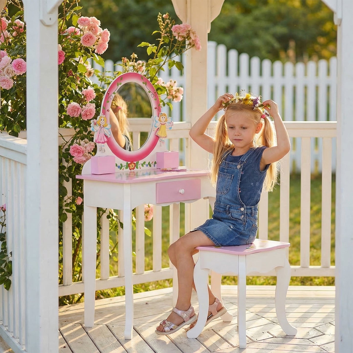 Kids Vanity Set Floral Printed Wooden Makeup Dressing Princess Table With Mirror And Stool For Role Playing Pink