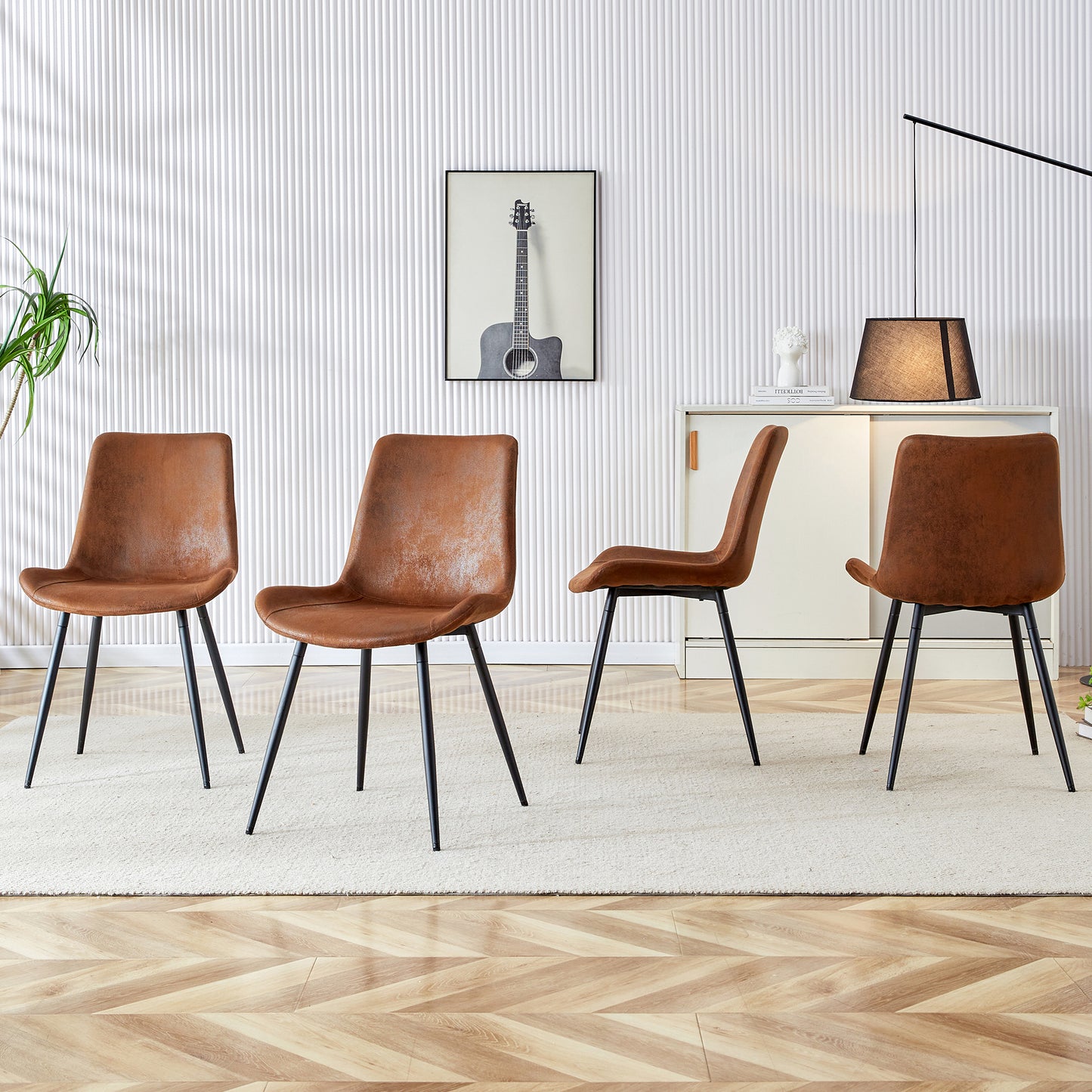 4-Piece Set Brown Breathable Tech-Fabric Dining Chairs Modern Design With Widened Seat, Backrest & Non-slip Metal Feet For Home And Office.