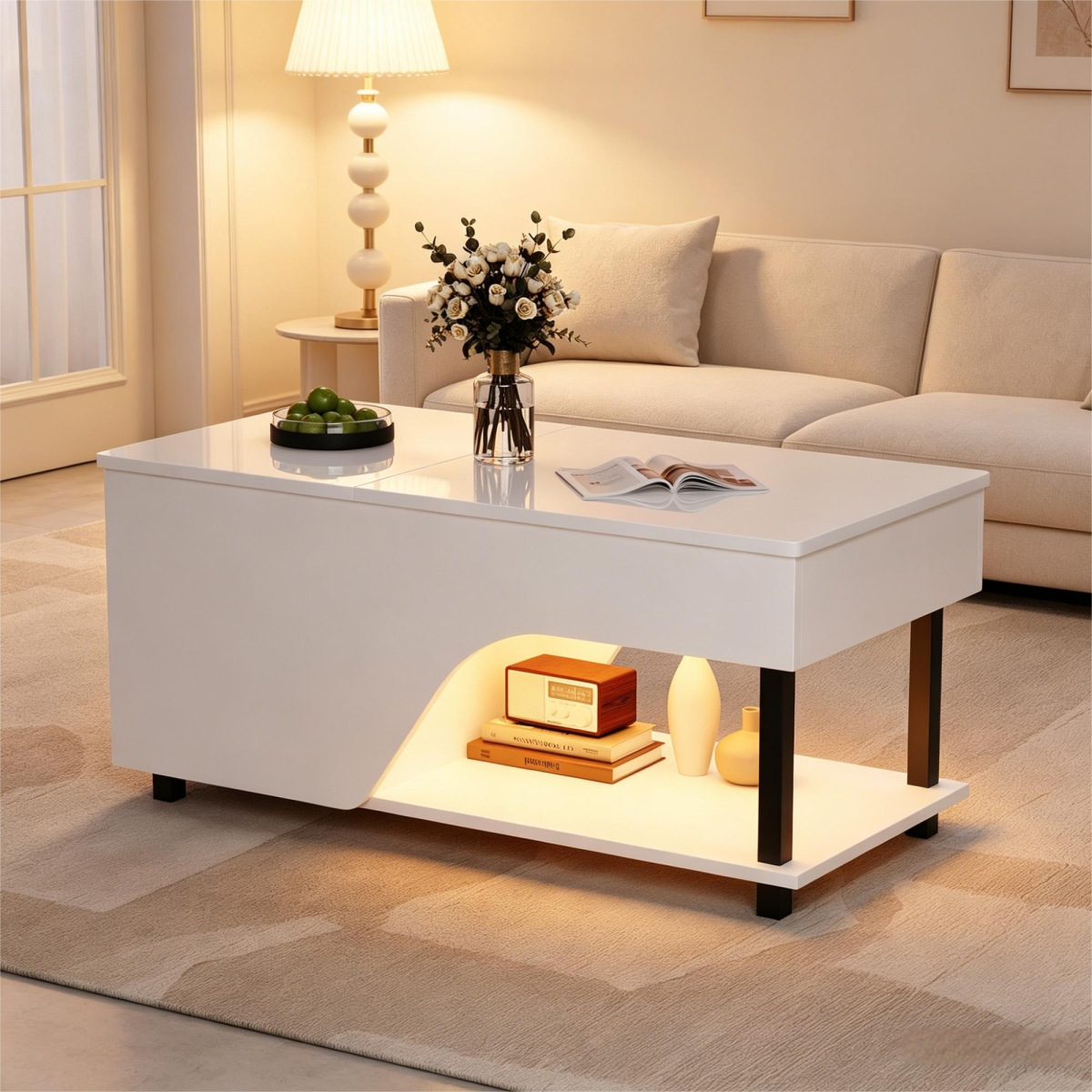 50 X 100 X 46cm Height Adjustable Living Room Coffee Table,Side Table With Hidden Storage,Openwork Coffee Table,High Gloss LED Sofa Table,Tea Table With Side Shelf,White
