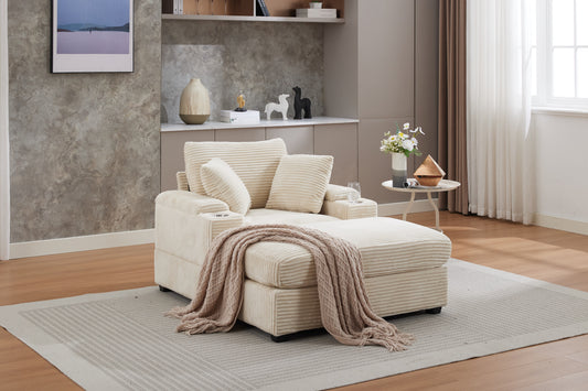 VIDEO New Corduroy Upholstered Chaise Lounge Sofa With Handrail Storage ,Movable Ottoman,Cupholders,Detachable Cushions Deep Seat For Living Room Office,3 Colour