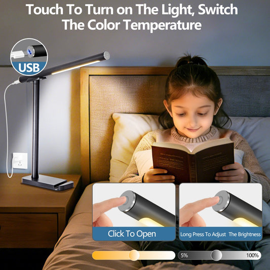 LED Desk Lamp 360 Adjustable, USB Charging Port, 5 Light Modes & Dimmable Brightness, Bedside Lamp For Reading, Craft, Work, Study Black