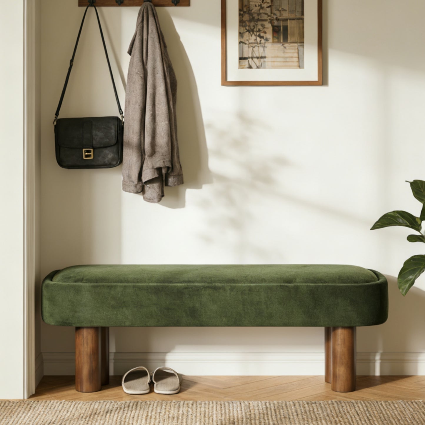 Indoor Green Fabric Dining Bench With Walnut Color Legs, 51.57 L Upholstered Seating For Kitchen, Dining Room And Living Space,250lbs Capacity