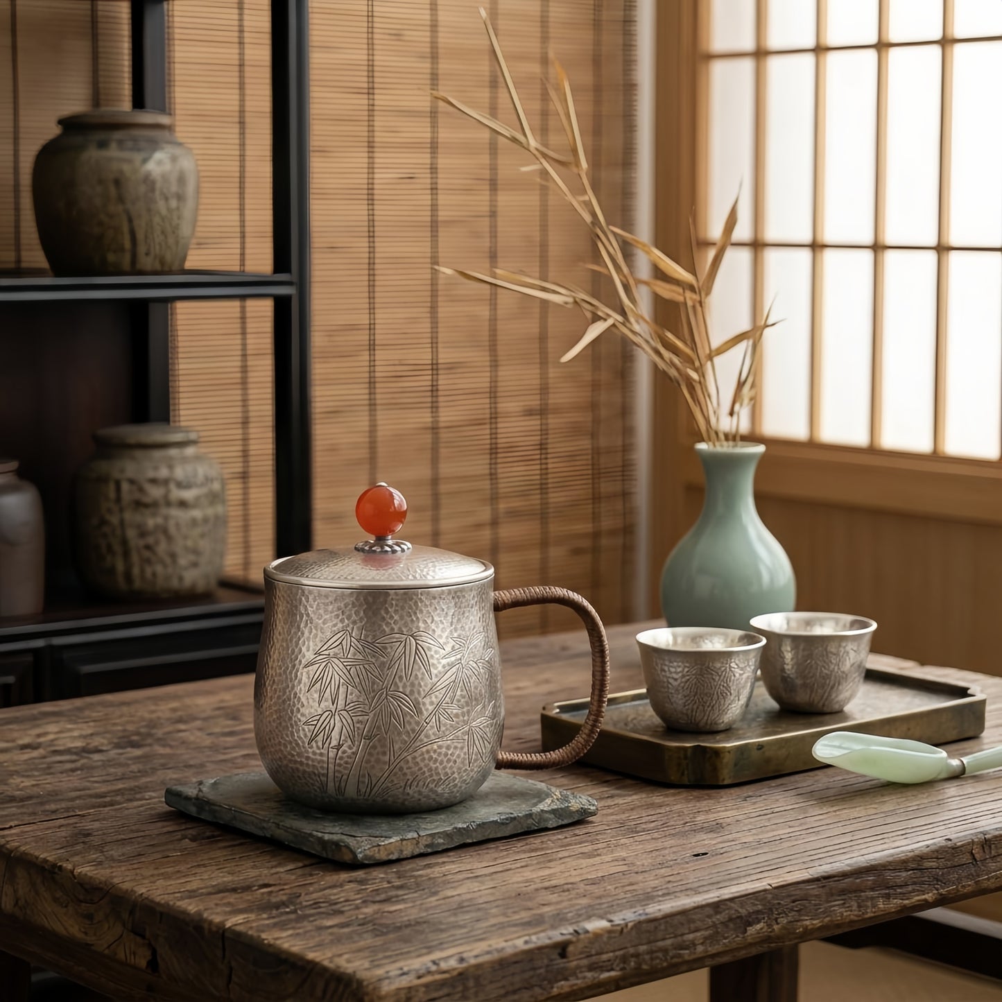 Pure 999 Fine Silver Handcrafted Silver Tea Mug with Hammered Texture, Bamboo Engraving, and Red Finial - Handicraft