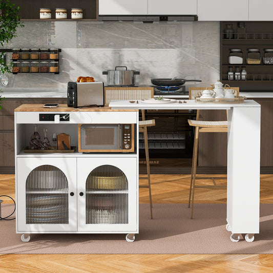 K&K Rolling Kitchen Island With Extended Table,Kitchen Island On Wheels With LED Lights,Power Outlets And 2 Fluted Glass Doors,Kitchen Island With A Storage Compartment And Side 3 Open Shelves,White