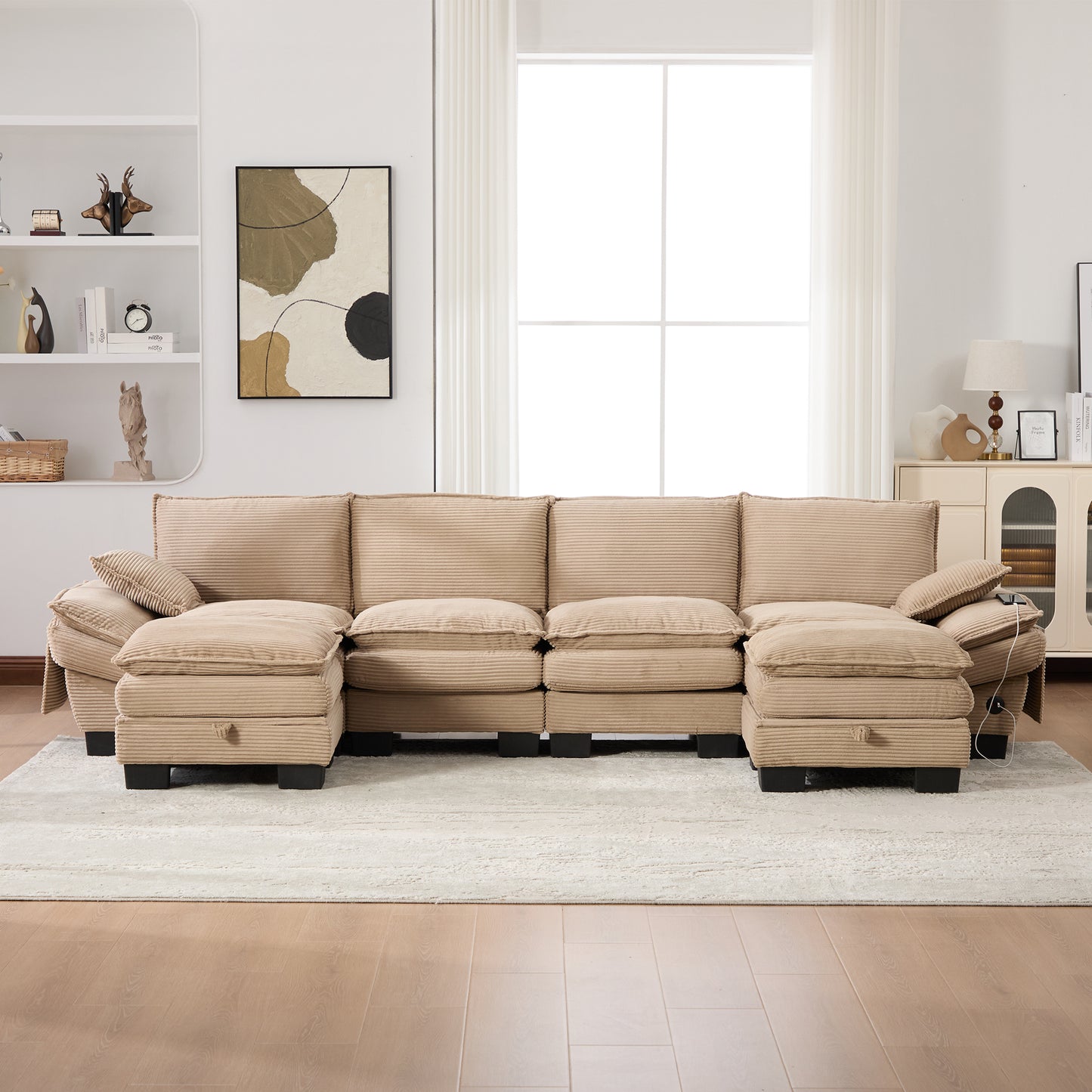 Modular 4-seater Corduroy Sofa  With 2 Stools Wide Seat, Ergonomic Design, High-density Foam Padding, USB-C Port And Side Pockets. Ideal For Living Room, Office Or Lounge.khaki