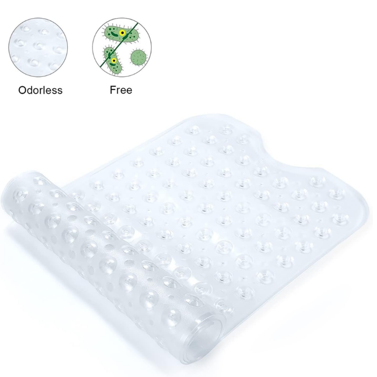 Bath And Shower Safety Mats 40x16 Inch, Non Slip With Suction Cups For Bathroom Stall And Tub Floor, Extra Large And Machine Washable, Drain Holes Keep Bathtub Clean, Clear
