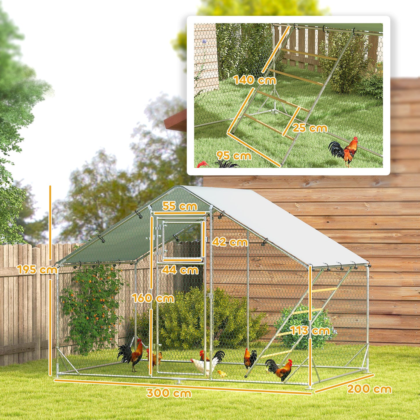 PawHut Walk-in Chicken Run W/ Cover, Feeding Door, Hanging Feeder, Perch, For 6-8 Poultry