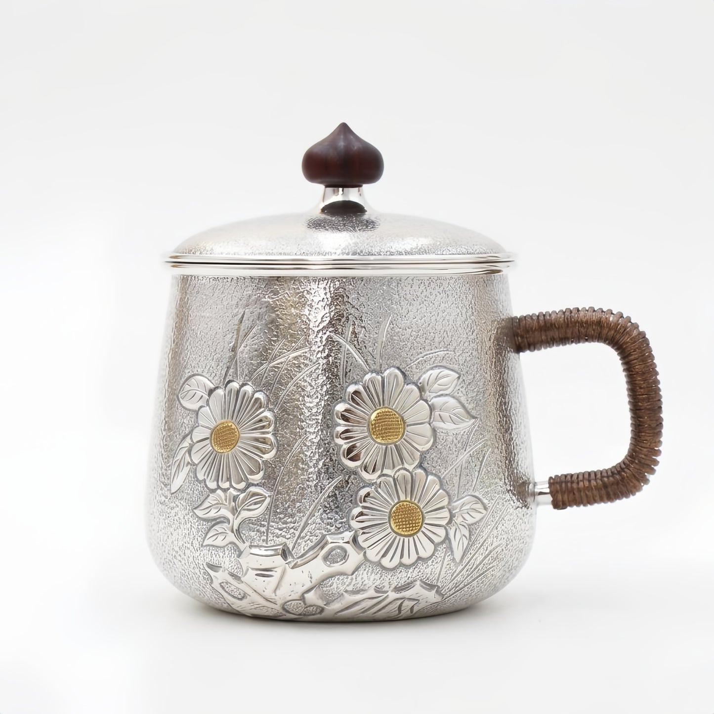 925 Sterling Silver Handcrafted Hammered Silver Tea Mug with Floral Motifs and Woven Handle - Handicraft
