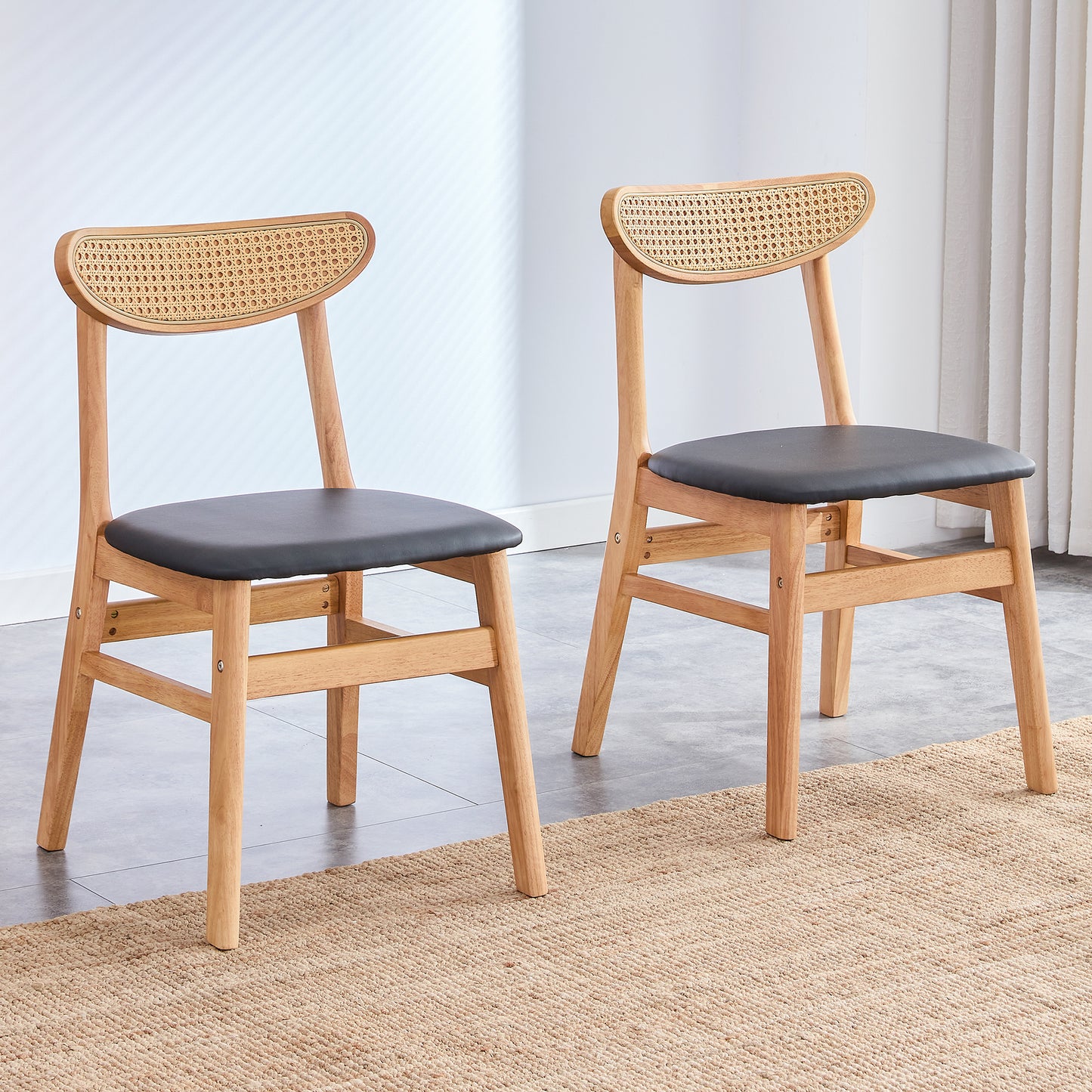 2-piece Set, Dining Chair With Solid Wood Backrest In Rattan, Individual Piece, Ergonomic Kitchen Chair With Cushioned Seat,Scandinavian Style