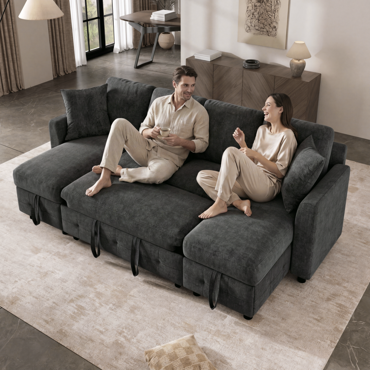 Modern Luxury Chenille U-Shaped Sectional Sofa With 2 Storage Chaise Lounges, 2 Square Cushions, Convertible Corner Sleeper Chair Bed, Comfy Couch For Living Room, Gray, 260 X 128 X 82 Cm