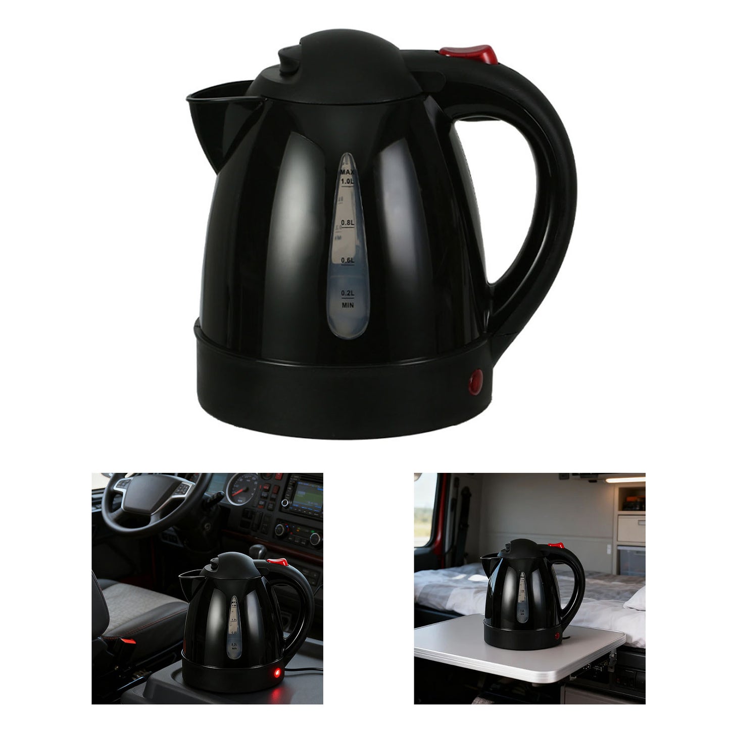 Electric Kettle 150W 1L Black Road Hot Water Boiler Stainless Steel Liner Auto Shut Off Tea Kettle Car Cigarette Plug 12V For Sedans SUVs
