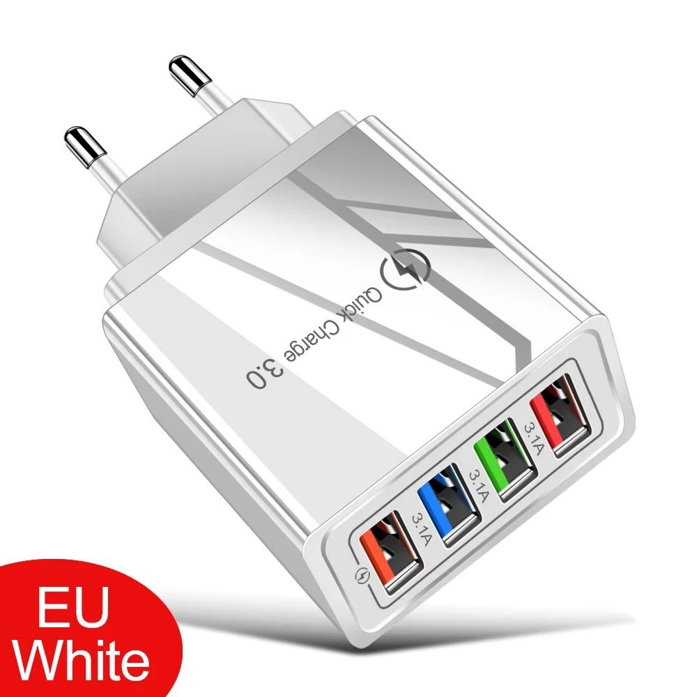 3.1A USB Charger, 4-port QC 3.0 Mobile Phone Charger Adapter For EU, Suitable For IPhone, Samsung, Xiaomi And Wall Chargers