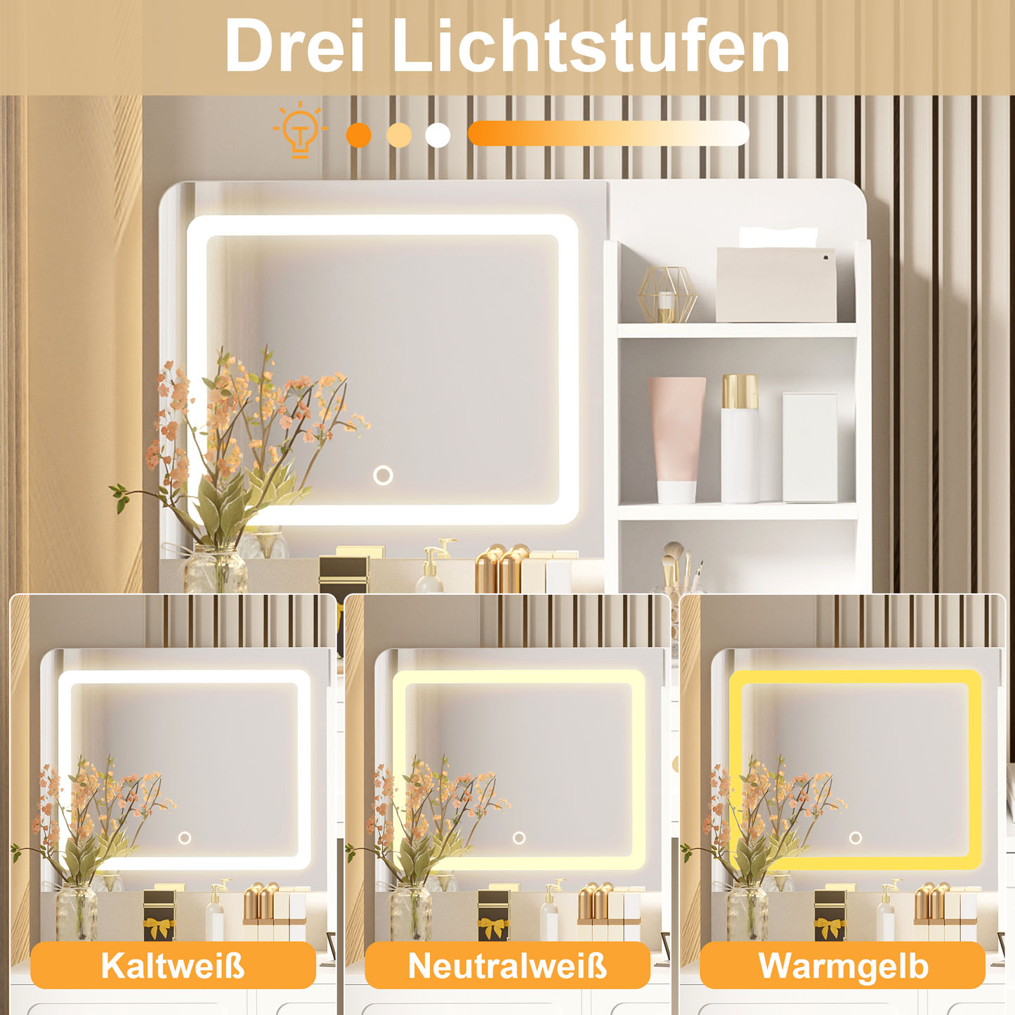 Large Dressing Table With Adjustable LED Lighting And Mirror, 5 Drawers, 1 Door And 3 Storage Compartments, White, 80x39.8x127cm