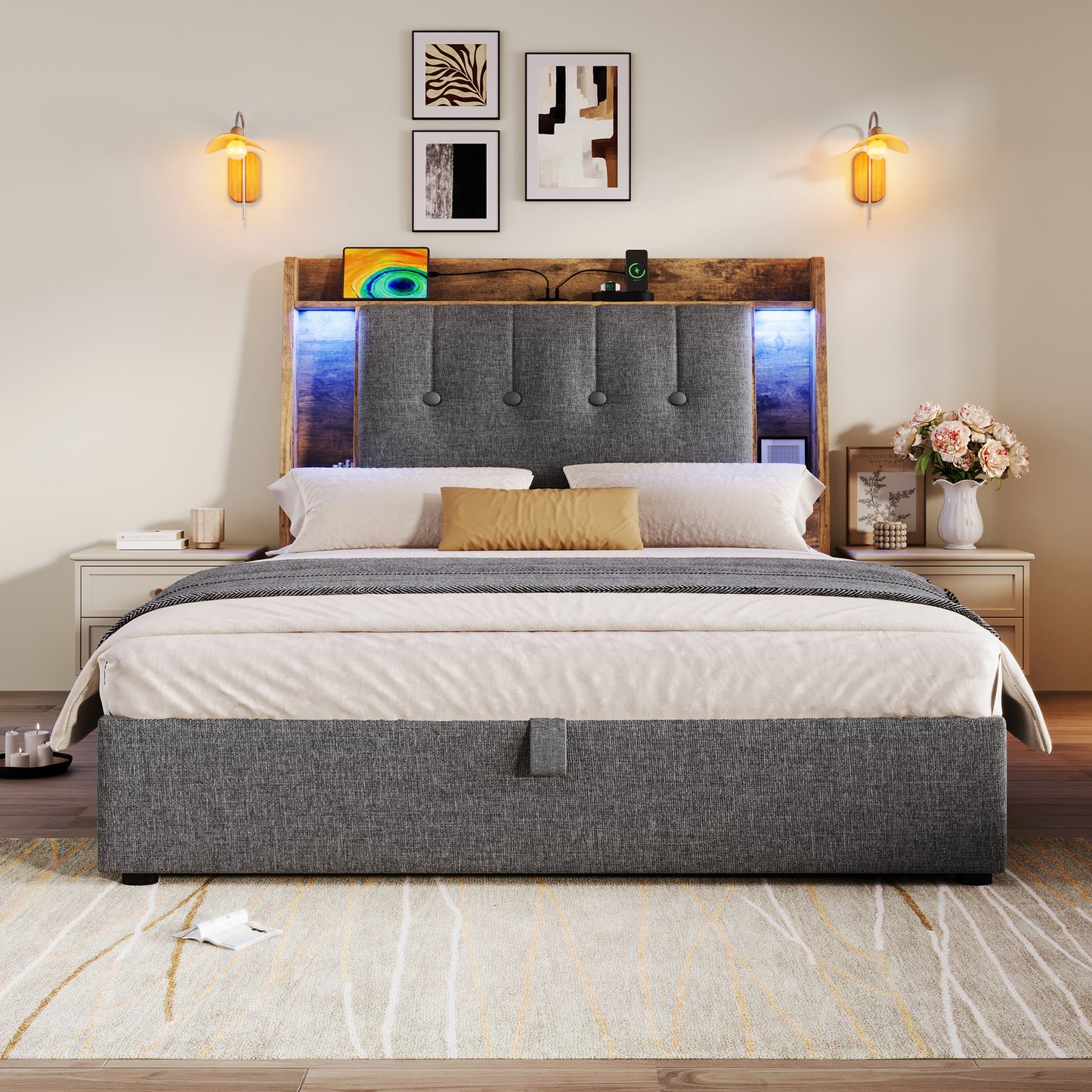 Upholstered Bed, 90x200 Cm, With USB Type-C Charging,Without Mattress,Flip-Top Storage Compartment, Multifunctional Storage, LED Lighting, Push-button Appdien,Linen, Grey