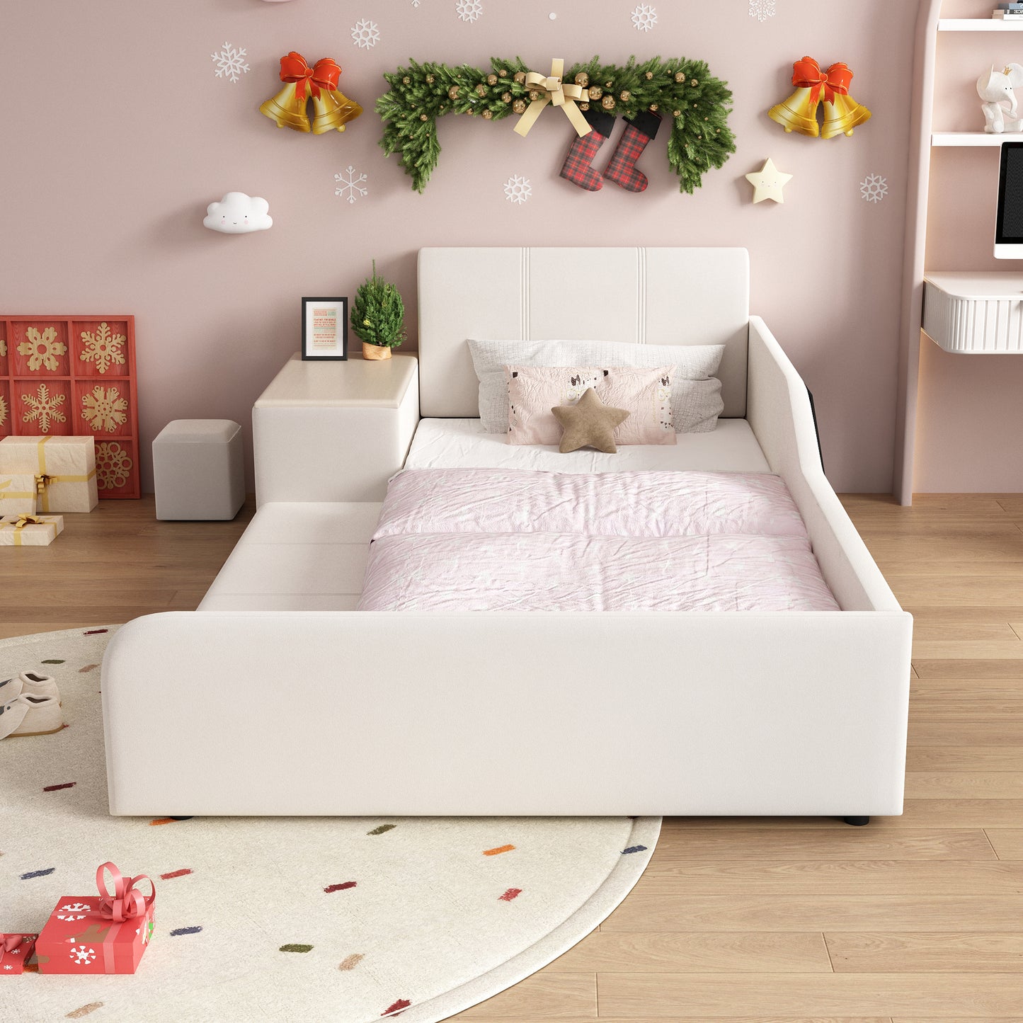 Upholstered Bed, Single Bed With Children's Desk And Stool, With Shelf, Soft Headboard, Children's Bed With Wooden Slats, Velvet, White, 90x200cm