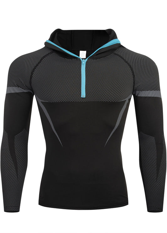 Men Half Zip Hooded Compression Long Sleeve Shirt Black Red Color Block Mesh Spliced Quick Dry Athletic Top Wicking Gym Running Training Fitness Base Layer