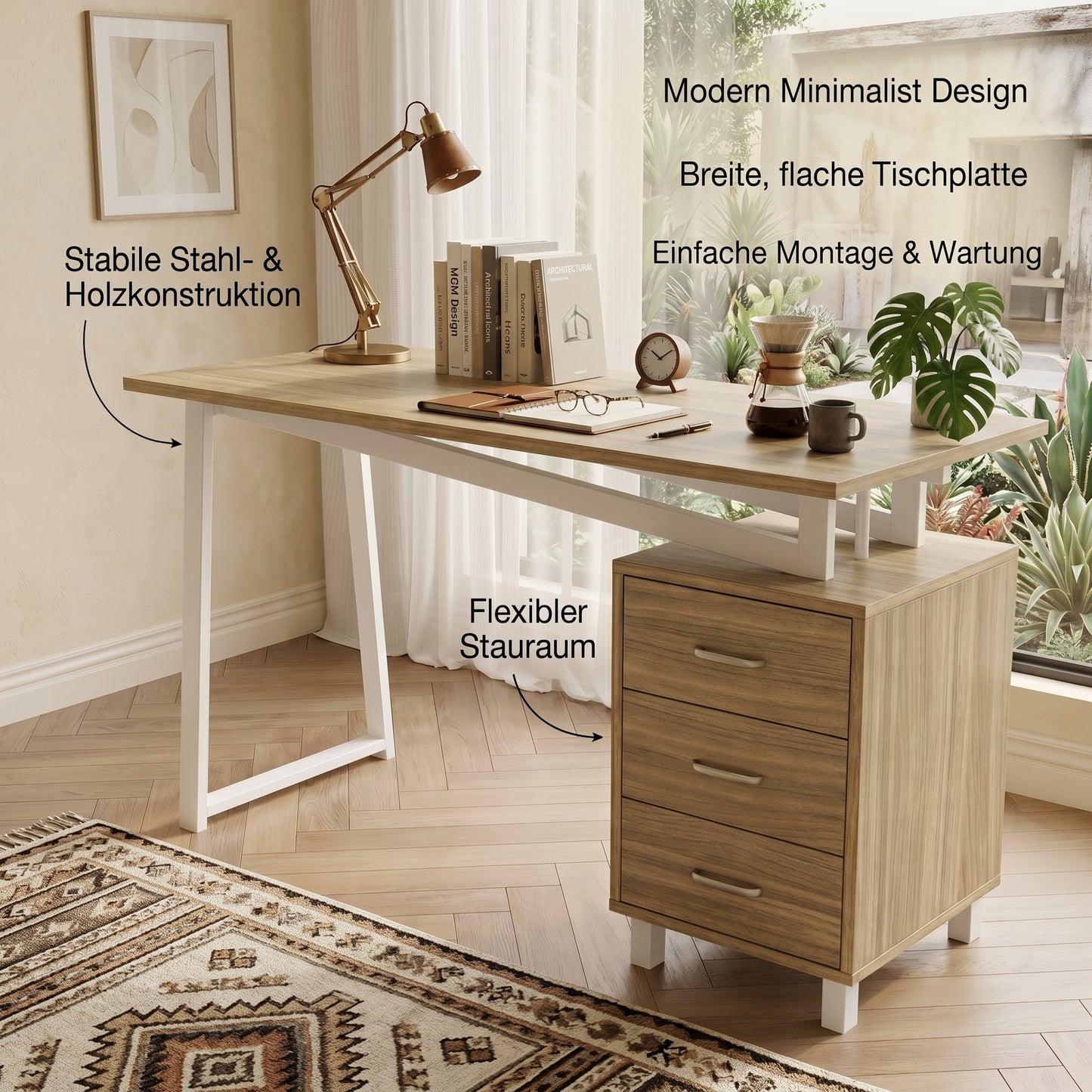 Spacious Desk With Storage Space, High-density MDF Material, Three-layer Drawer Slides, Triangular Struts, Easy To Assemble And Clean, Natural Wood White.