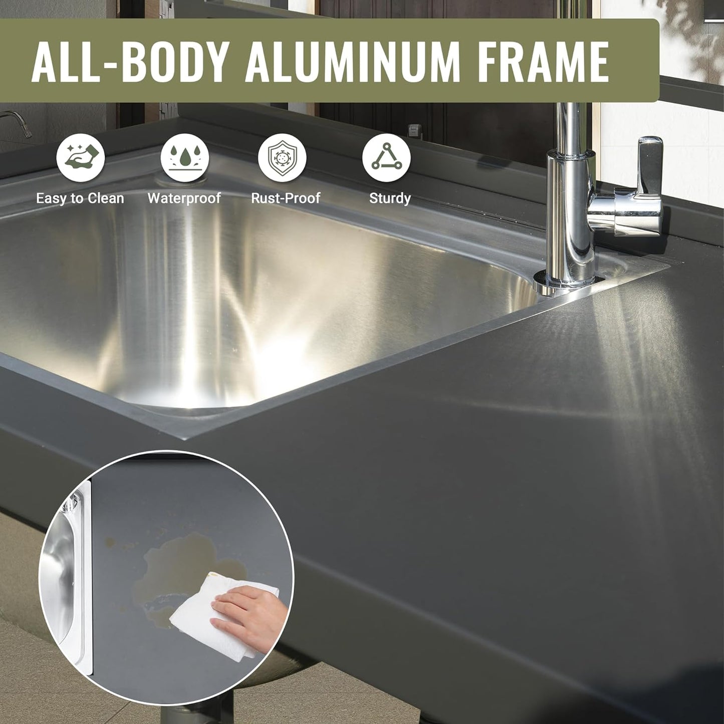 Outdoor Kitchen Island With Storage, Aluminum Kitchen Storage Island Stainless Steel Outdoor Sink W  Faucet & Drainboard, Freestanding Storage Shelves With Protective Cover Indoor Outdoor